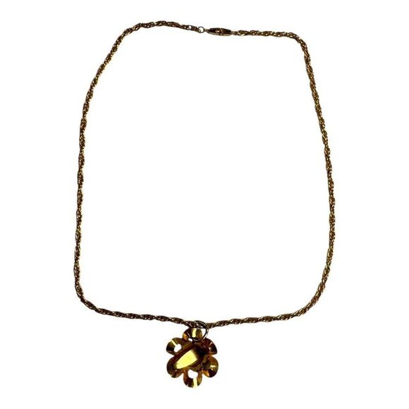 Gold-Tone Damascene Spain Pendant Necklace Flower & Twisted Chain 18" Vintage - Picture 8 of 9